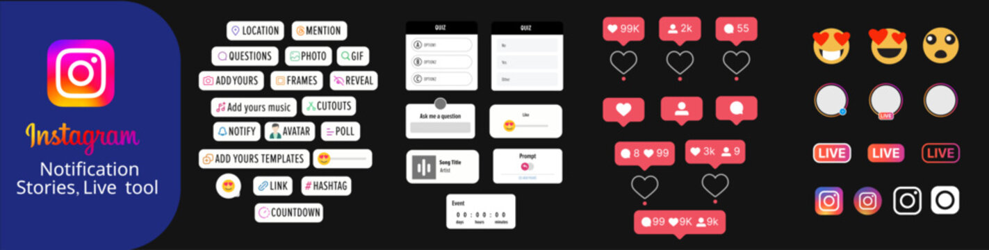 Instagram Story, live, home interface icon and badge. Stories tool sticker. notification icons, Blogging set. Location, mention, avatar, poll, link, quiz hashtag, music icons. Vector illustration. 