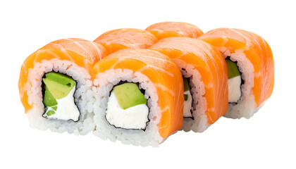 Six salmon rolls, visible ingredients include rice, avocado, and cream cheese
