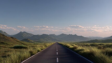 Serene Road Journey Through Lush Green Mountains Nature Landscape Photography Soft Natural Light Panoramic View Minimalist Design Tranquil Environment for Travel Enthusiasts