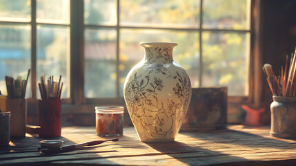 Exquisite Handcrafted Ceraic Vase Surrounded by Artit Tools in Sunlit Studio