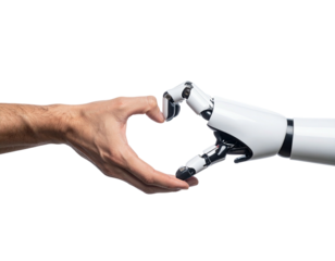 A human hand forms a heart shape with a robotic hand, suggesting collaboration