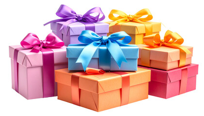 Group of vibrantly colored gift boxes stacked with elegant bows, set against a black backdrop