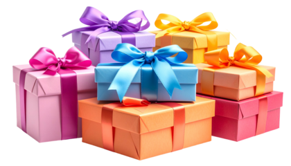Group of vibrantly colored gift boxes stacked with elegant bows, set against a black backdrop
