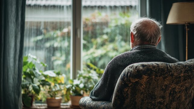 rear view of senior man sitting on armchair and looking through the window lonely old man sitting at home near window during covid19 outbreak thoughtful retired man abandoned at nursing home no logos - Powered by Adobe