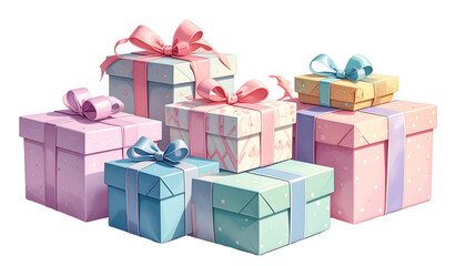 Illustration of several pastel-colored gift boxes, each with a decorative ribbon