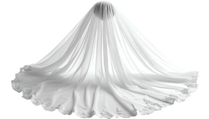 A flowing, ethereal white wedding veil on a black background, with delicate floral details