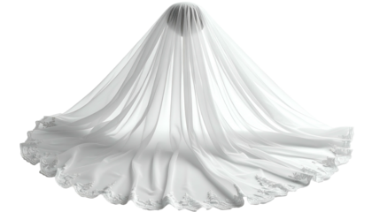A flowing, ethereal white wedding veil on a black background, with delicate floral details