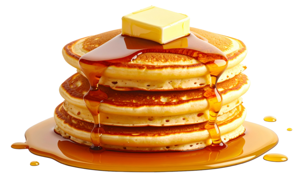 A stack of golden-brown, fluffy pancakes topped with melting butter and dripping syrup