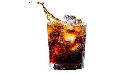 A splash of fizzy dark liquid in a glass with ice cubes against a black background