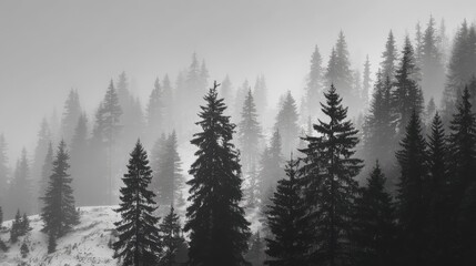 misty snowy pine forest in black and white to showcase the tranquility and beauty of a snowy pine forest in black and white