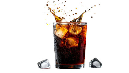 A clear glass filled with dark, fizzy liquid, ice cubes, and a splash, isolated on black