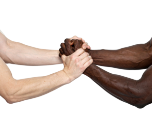 Close-up of intertwined hands, representing unity and cooperation against a black background