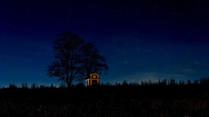 Chapel of St. Florian in Pelhřimov, clear night sky, comet C 2025 A6 (Lemmon) in the right part