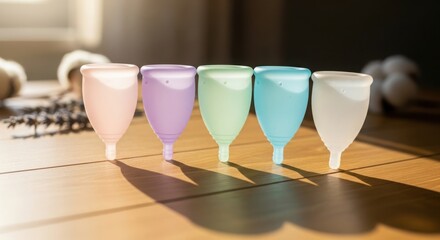Pastel Menstrual Cups on Wooden Surface for Hygiene Product Blogs, Feminine Health Websites, Period Education, Sustainable Living Awareness