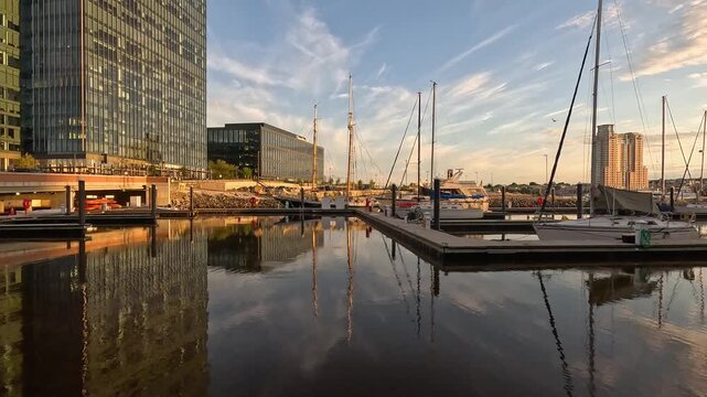 footage of boats and yachts docked on the Patapsco River in Baltimore Maryland USA