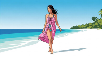Peaceful beach walk woman in pink sarong on beautiful tropical shore, an idyllic sunny escape