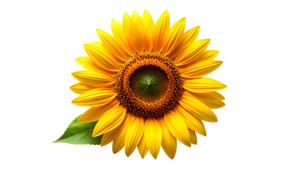 Obraz premium Bright, vibrant, sunflower with golden petals, green center, and a leaf, isolated on black