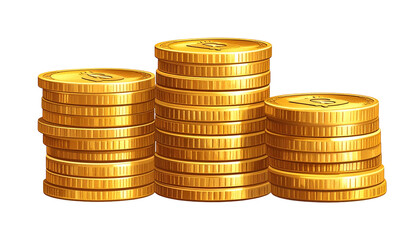 Three stacks of shiny golden coins sit against a transparent background
