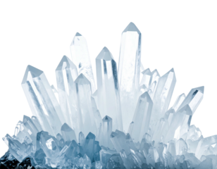 A cluster of transparent, pointed crystalline structures. Isolated against a black background