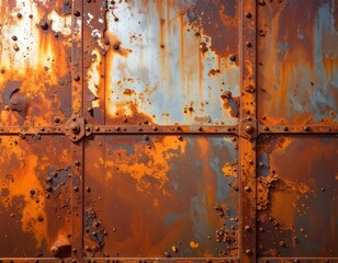 A close-up of heavily corroded, riveted metal plates, showing textured rust and peeling paint