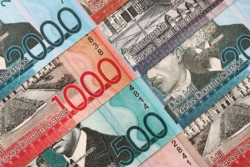 Dominican Republic Pesos currency money bills. DOP currency banknotes in stack with different denomination close up