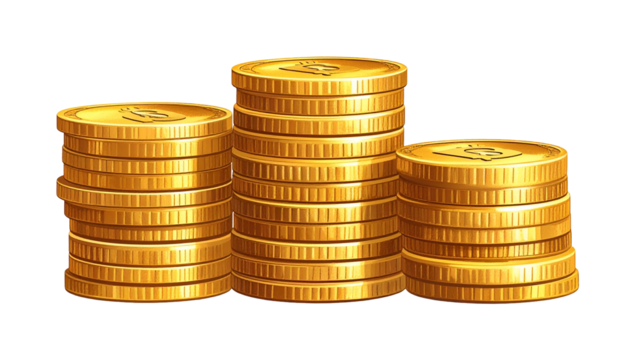 Three stacks of shiny golden coins sit against a transparent background
