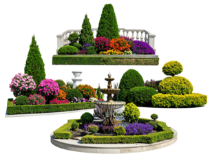 Beautifully arranged garden elements featuring various plants, a fountain, and architectural details