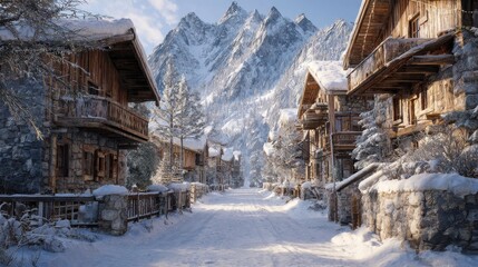 Fototapeta premium snowy alpine village winter wonderland scene