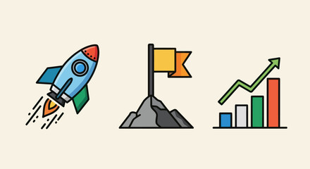 Business success and growth icon set with a launching rocket goal flag and rising bar chart.