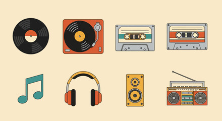 Collection of Vintage Audio Equipment: Vinyl Records Cassette Tapes Headphones Speaker and Boombox.