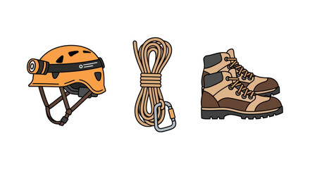Orange Climbing Helmet Rope with Carabiner and Hiking Boots.