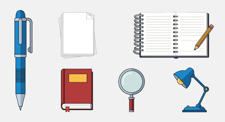 Collection of stationery and office supplies including pen notebook book lamp and magnifying glass.