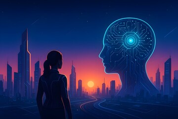 Futuristic Smart City with AI Digital Head Hologram and Neon Skyline at Colorful Sunset