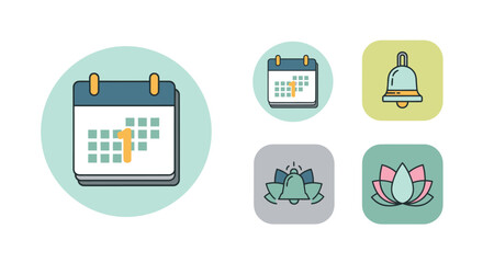 Calendar and Notification Icon Set with Lotus Flower Icons for Reminder and Scheduling.