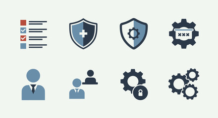 A collection of flat design icons for business security and system management.