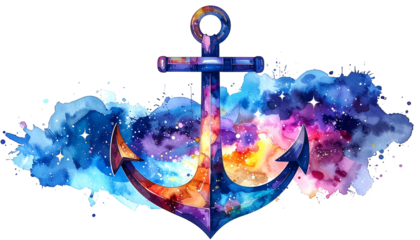 Watercolor anchor over a vibrant cosmic nebula background, a celestial maritime design