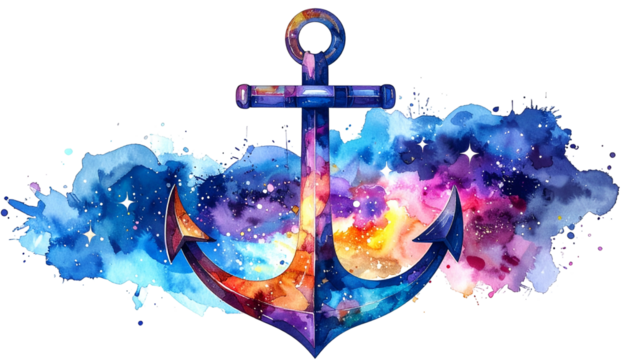 Watercolor anchor over a vibrant cosmic nebula background, a celestial maritime design