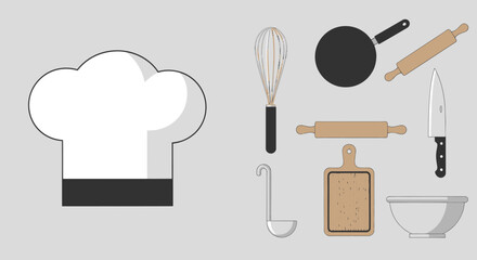 Chefs Hat and Essential Kitchen Cooking Utensils Set.