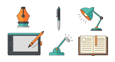 Illustrated sticker set of creative tools including a graphics tablet vector pen tool desk lamps and a notebook.