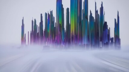 Abstract iridescent skyscraper cityscape emerging from atmospheric haze - Powered by Adobe