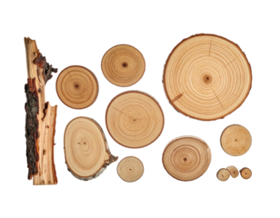 Collection of wooden slices and a piece of bark arranged against a dark background