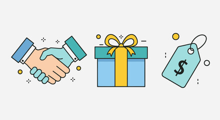 Business Handshake Gift Box and Price Tag Icons Set.