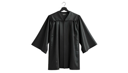 A formal black academic robe, open and displayed on a hanger, against a black backdrop