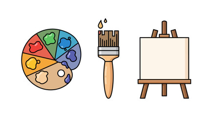 Artistic tools including a paint palette brush and easel with canvas.