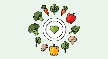Colorful Fresh Vegetables Circle Plate with Green Heart Icon.
