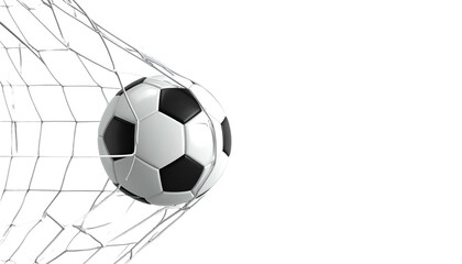 Fototapeta premium Black and white soccer ball nestled in the net with a black background