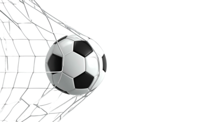 Black and white soccer ball nestled in the net with a black background