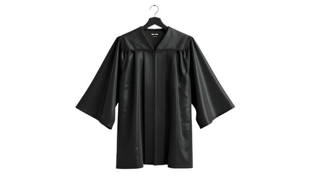A formal black academic robe, open and displayed on a hanger, against a black backdrop