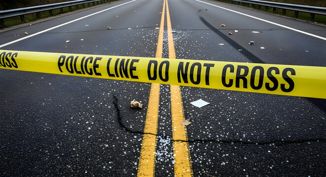 Yellow police tape blocks a paved road with double yellow lines, indicating a restricted area or incident scene.