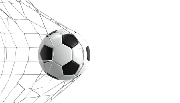Black and white soccer ball nestled in the net with a black background